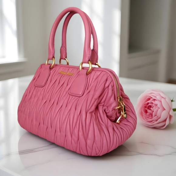 Miu Miu 💕 Pink Matelasse Nappa Leather Top Handle Satchel Bag Pristine ✨ - Picture 7 of 17